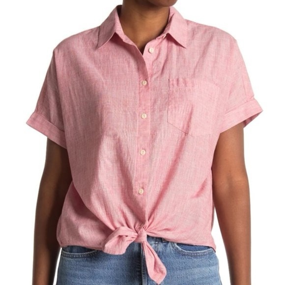 Madewell End On End Tie Front Collared Shirt Red size Small - Picture 1 of 9